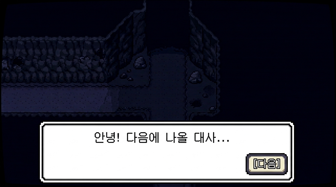 RPG 대사창: 한 줄씩 나오는 대사와 [다음] 버튼. dequeue할 때마다 다음 줄이 표시된다.