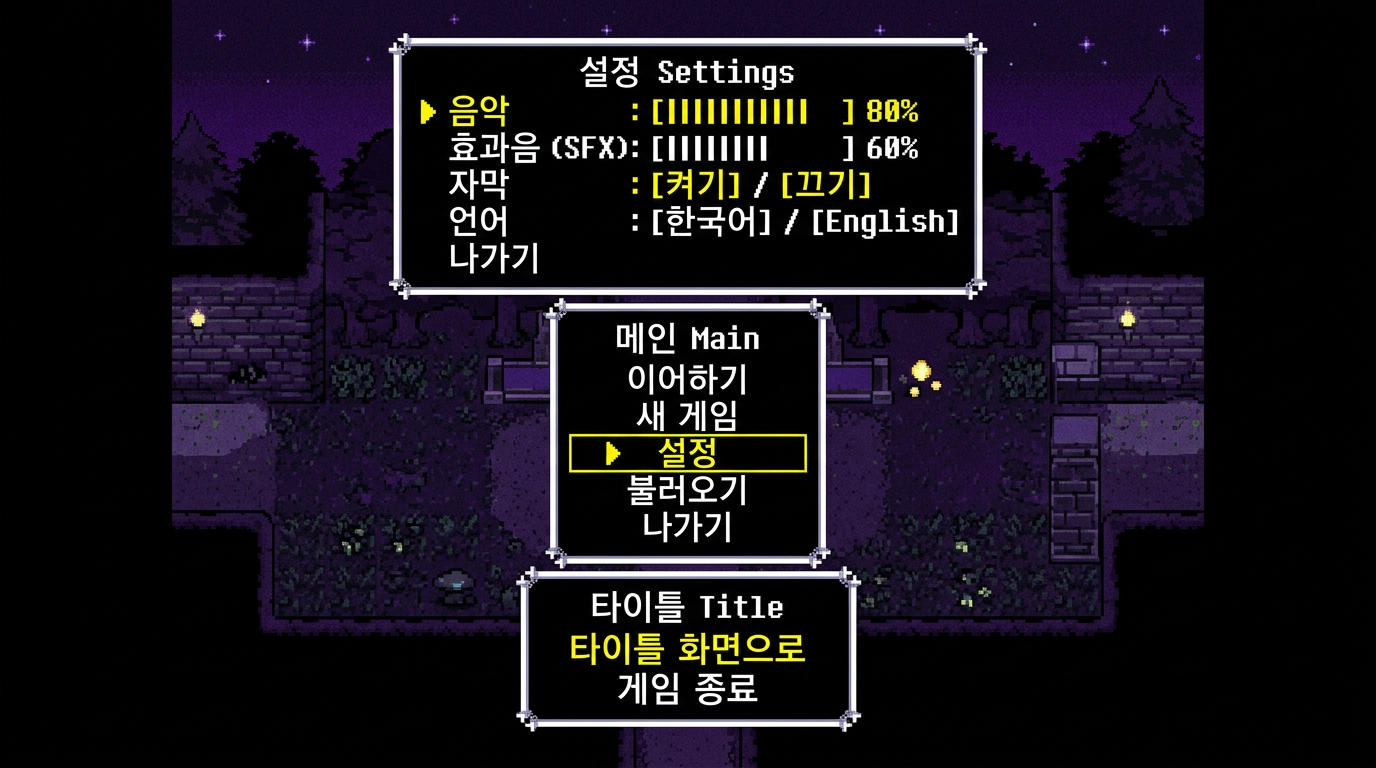 게임 메뉴가 겹겹이 쌓인 모습(스택). 샌즈가 나오는 메뉴처럼 타이틀 → 메인 → 설정.